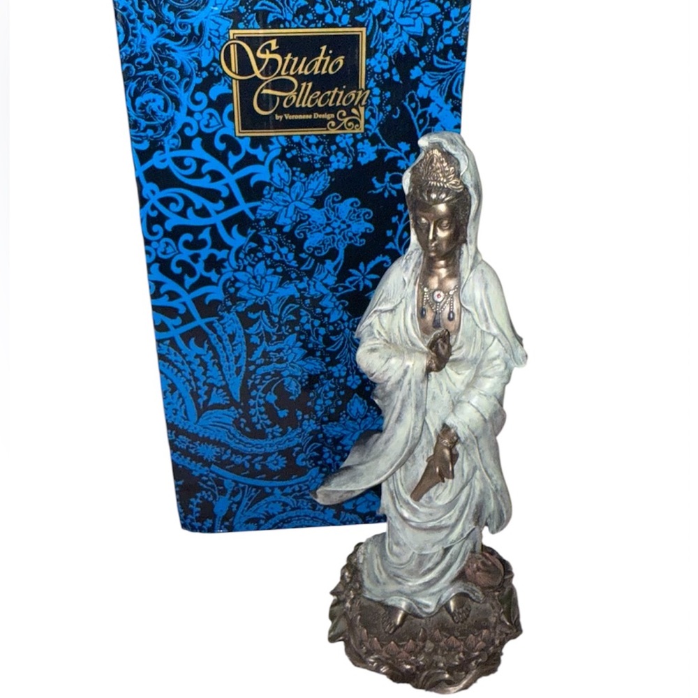 Quan Yin Goddess Statue on Lotus Pedestal – 12” Bronze-Look Compassion Figurine